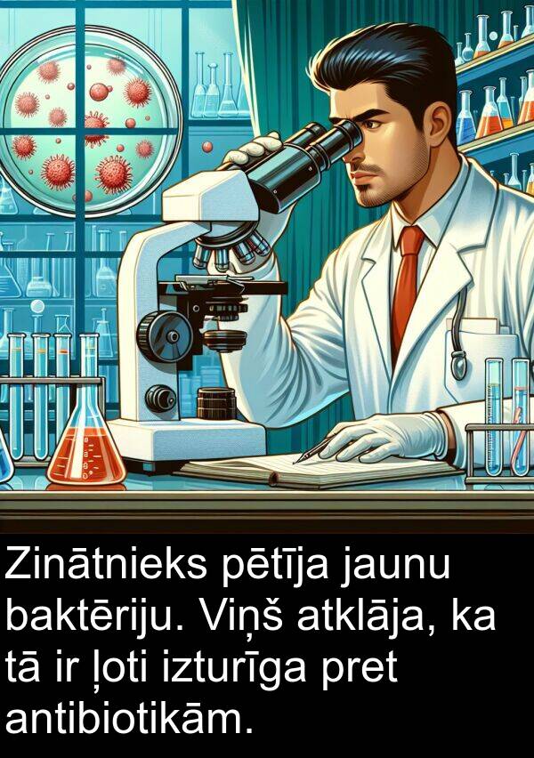 jaunu: Zinātnieks pētīja jaunu baktēriju. Viņš atklāja, ka tā ir ļoti izturīga pret antibiotikām.