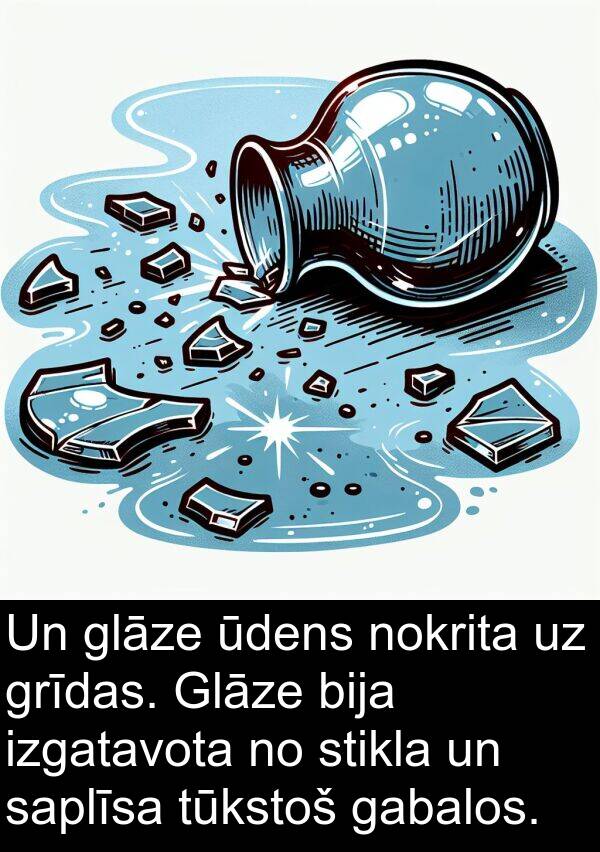 ūdens: Un glāze ūdens nokrita uz grīdas. Glāze bija izgatavota no stikla un saplīsa tūkstoš gabalos.