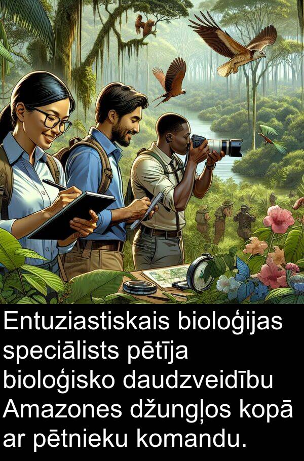 komandu: Entuziastiskais bioloģijas speciālists pētīja bioloģisko daudzveidību Amazones džungļos kopā ar pētnieku komandu.