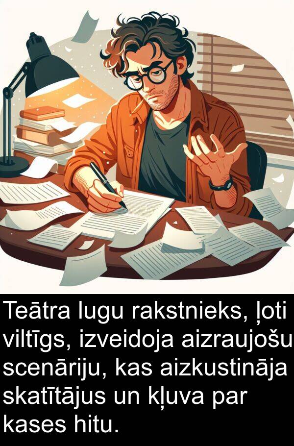 hitu: Teātra lugu rakstnieks, ļoti viltīgs, izveidoja aizraujošu scenāriju, kas aizkustināja skatītājus un kļuva par kases hitu.