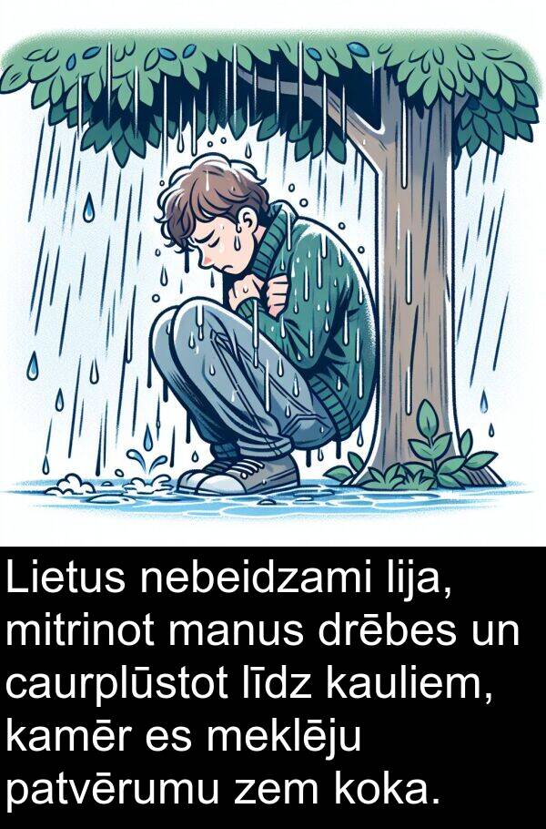 manus: Lietus nebeidzami lija, mitrinot manus drēbes un caurplūstot līdz kauliem, kamēr es meklēju patvērumu zem koka.