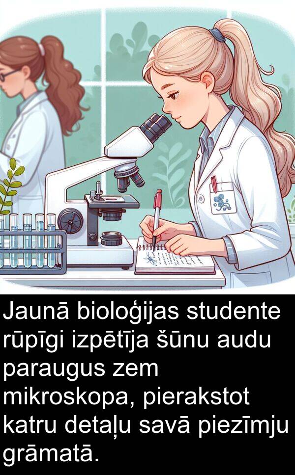 šūnu: Jaunā bioloģijas studente rūpīgi izpētīja šūnu audu paraugus zem mikroskopa, pierakstot katru detaļu savā piezīmju grāmatā.