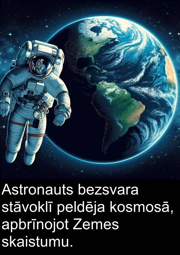 bezsvara: Astronauts bezsvara stāvoklī peldēja kosmosā, apbrīnojot Zemes skaistumu.