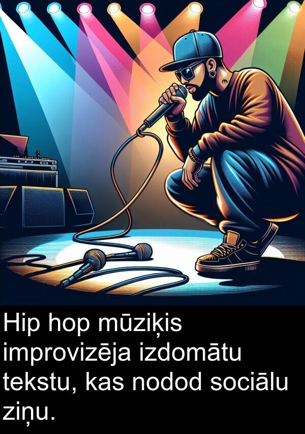 izdomātu: Hip hop mūziķis improvizēja izdomātu tekstu, kas nodod sociālu ziņu.