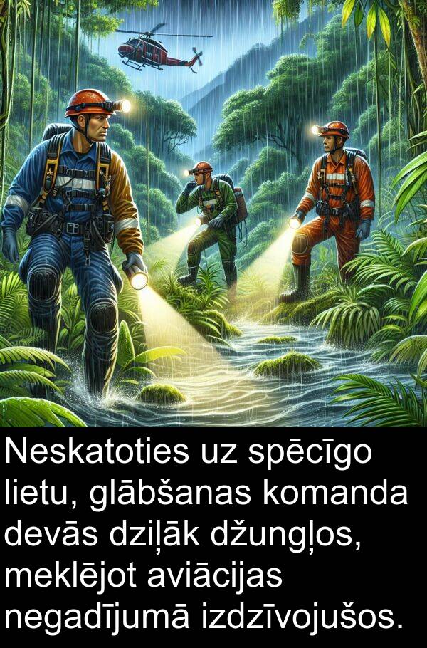 izdzīvojušos: Neskatoties uz spēcīgo lietu, glābšanas komanda devās dziļāk džungļos, meklējot aviācijas negadījumā izdzīvojušos.