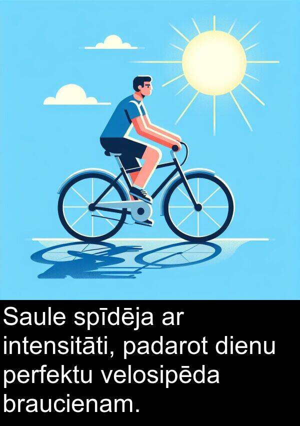 intensitāti: Saule spīdēja ar intensitāti, padarot dienu perfektu velosipēda braucienam.