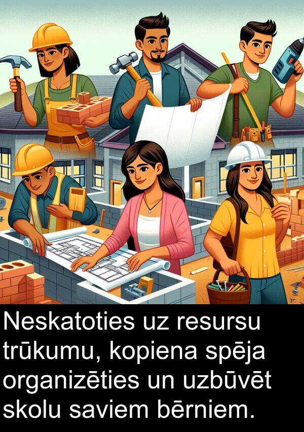 organizēties: Neskatoties uz resursu trūkumu, kopiena spēja organizēties un uzbūvēt skolu saviem bērniem.