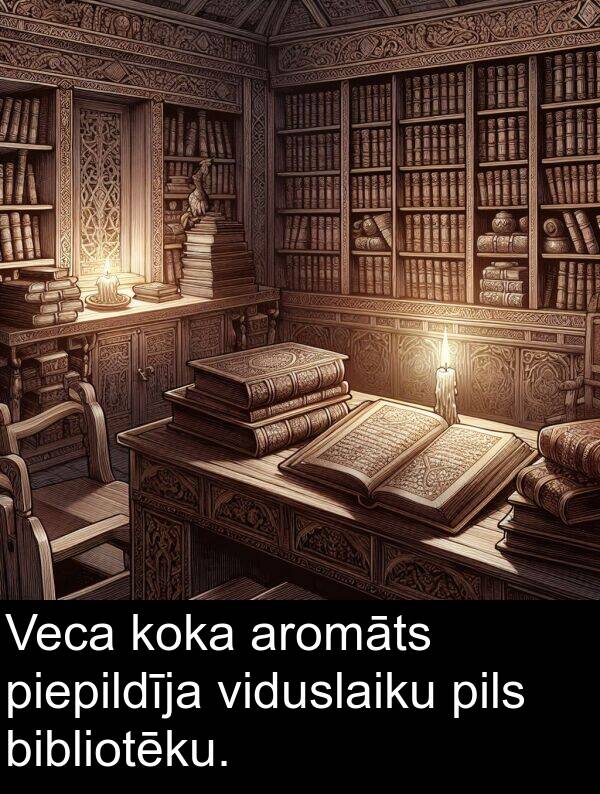 bibliotēku: Veca koka aromāts piepildīja viduslaiku pils bibliotēku.