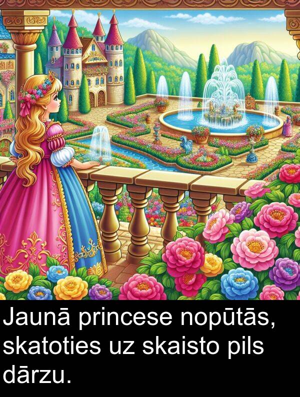 nopūtās: Jaunā princese nopūtās, skatoties uz skaisto pils dārzu.