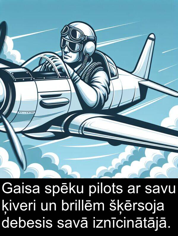 iznīcinātājā: Gaisa spēku pilots ar savu ķiveri un brillēm šķērsoja debesis savā iznīcinātājā.