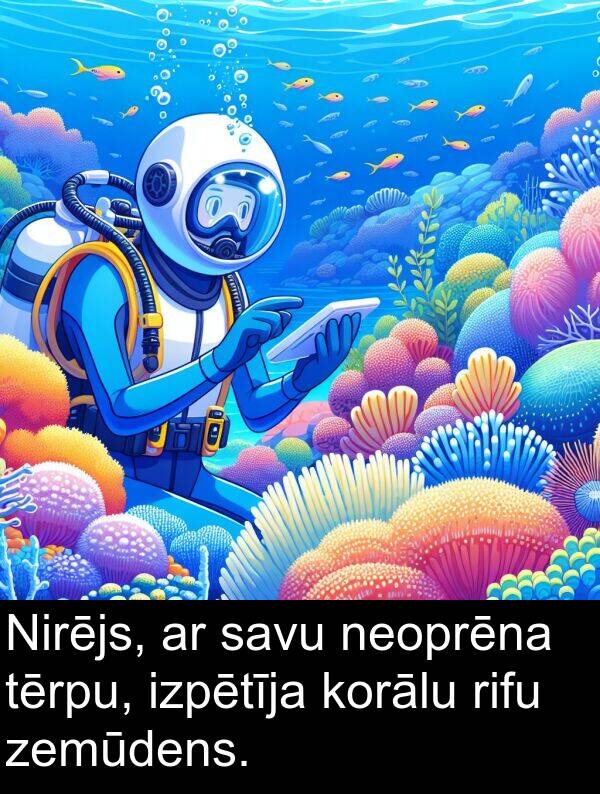 tērpu: Nirējs, ar savu neoprēna tērpu, izpētīja korālu rifu zemūdens.