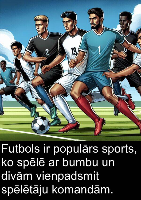 komandām: Futbols ir populārs sports, ko spēlē ar bumbu un divām vienpadsmit spēlētāju komandām.