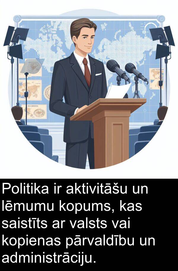 pārvaldību: Politika ir aktivitāšu un lēmumu kopums, kas saistīts ar valsts vai kopienas pārvaldību un administrāciju.