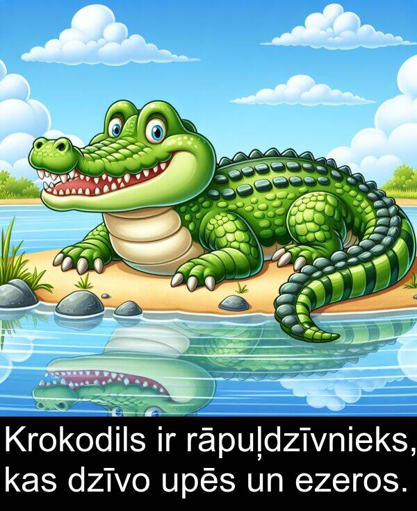 ezeros: Krokodils ir rāpuļdzīvnieks, kas dzīvo upēs un ezeros.