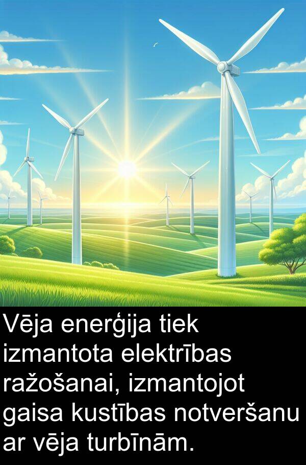 enerģija: Vēja enerģija tiek izmantota elektrības ražošanai, izmantojot gaisa kustības notveršanu ar vēja turbīnām.