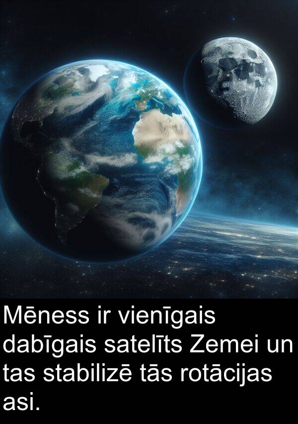 vienīgais: Mēness ir vienīgais dabīgais satelīts Zemei un tas stabilizē tās rotācijas asi.