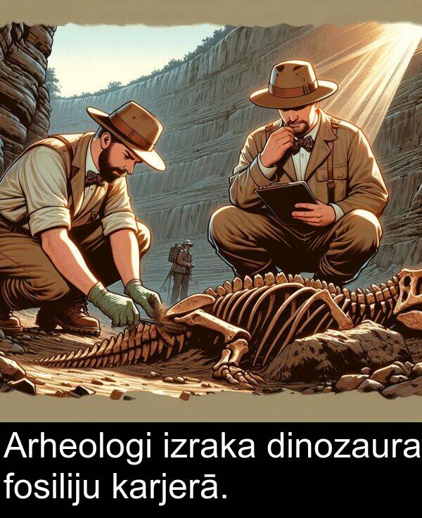 izraka: Arheologi izraka dinozaura fosiliju karjerā.