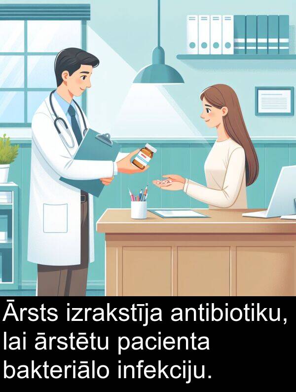 pacienta: Ārsts izrakstīja antibiotiku, lai ārstētu pacienta bakteriālo infekciju.