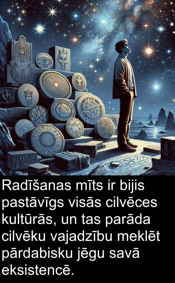 vajadzību: Radīšanas mīts ir bijis pastāvīgs visās cilvēces kultūrās, un tas parāda cilvēku vajadzību meklēt pārdabisku jēgu savā eksistencē.