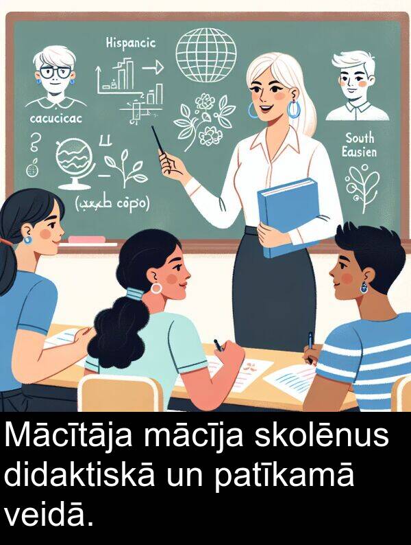 mācīja: Mācītāja mācīja skolēnus didaktiskā un patīkamā veidā.