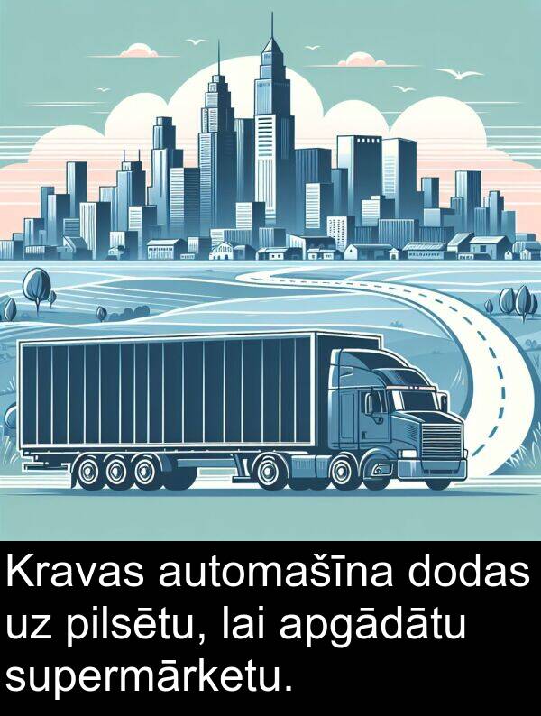 pilsētu: Kravas automašīna dodas uz pilsētu, lai apgādātu supermārketu.