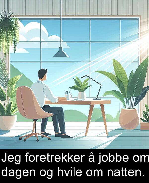 jobbe: Jeg foretrekker å jobbe om dagen og hvile om natten.