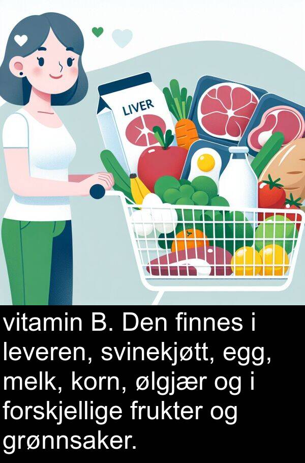 melk: vitamin B. Den finnes i leveren, svinekjøtt, egg, melk, korn, ølgjær og i forskjellige frukter og grønnsaker.