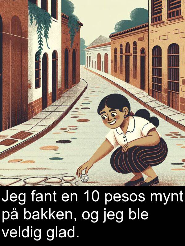 pesos: Jeg fant en 10 pesos mynt på bakken, og jeg ble veldig glad.