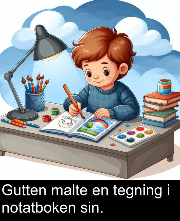 malte: Gutten malte en tegning i notatboken sin.