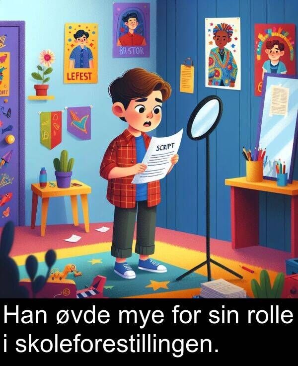 øvde: Han øvde mye for sin rolle i skoleforestillingen.