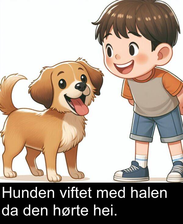 viftet: Hunden viftet med halen da den hørte hei.