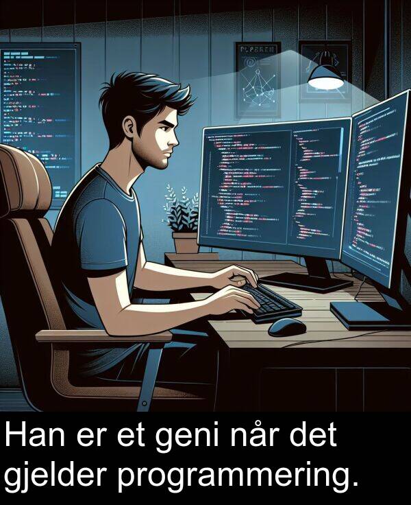 det: Han er et geni når det gjelder programmering.