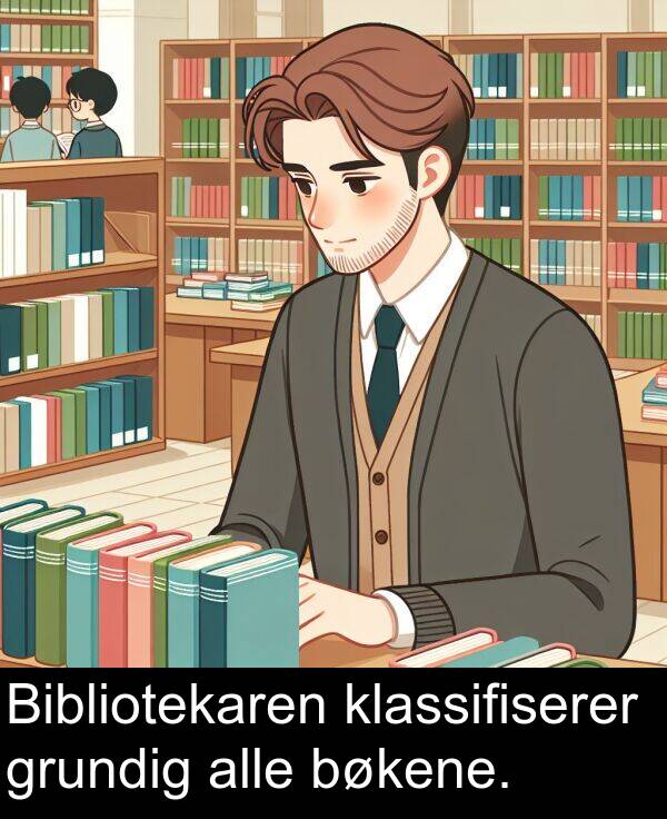 alle: Bibliotekaren klassifiserer grundig alle bøkene.