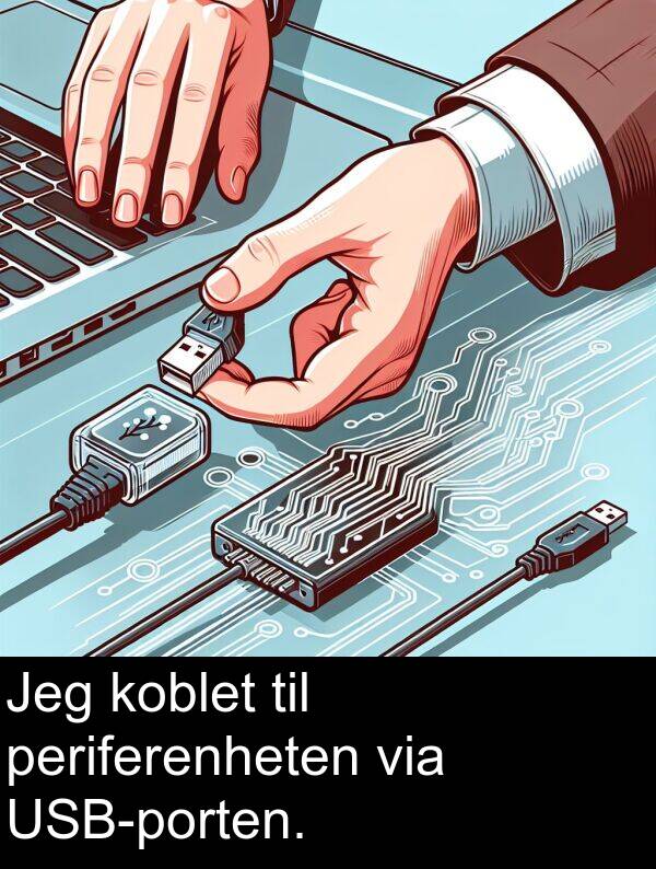 via: Jeg koblet til periferenheten via USB-porten.