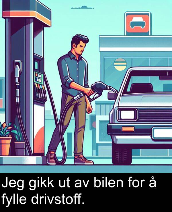 bilen: Jeg gikk ut av bilen for å fylle drivstoff.