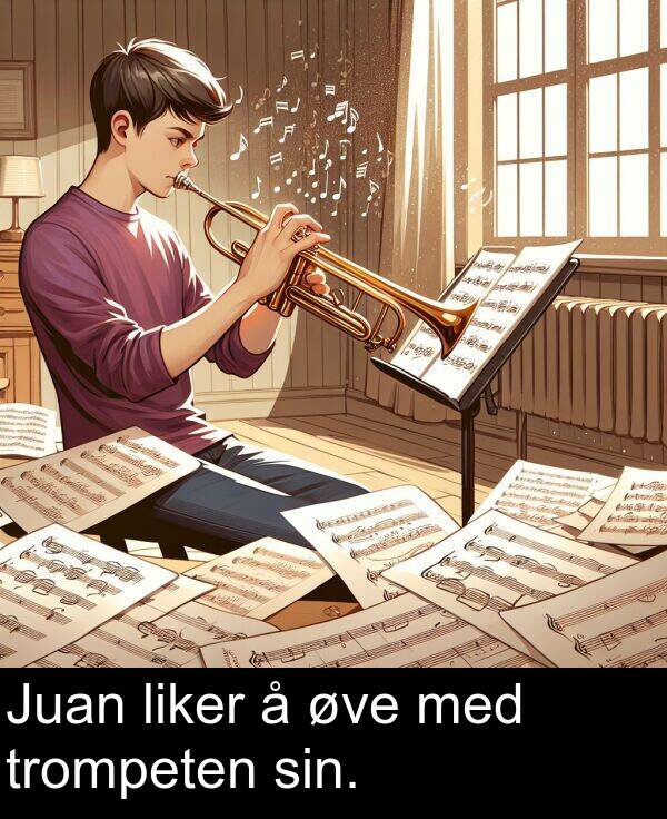 med: Juan liker å øve med trompeten sin.