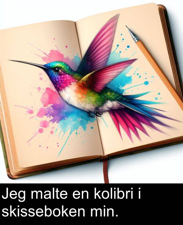 malte: Jeg malte en kolibri i skisseboken min.