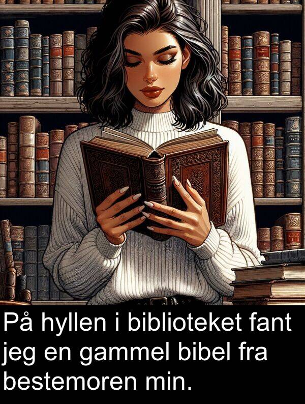 bibel: På hyllen i biblioteket fant jeg en gammel bibel fra bestemoren min.