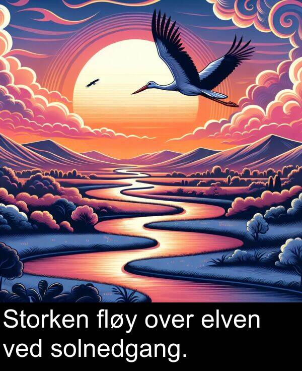 elven: Storken fløy over elven ved solnedgang.