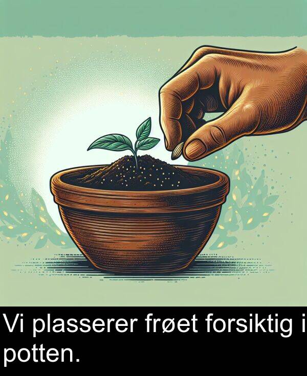 potten: Vi plasserer frøet forsiktig i potten.