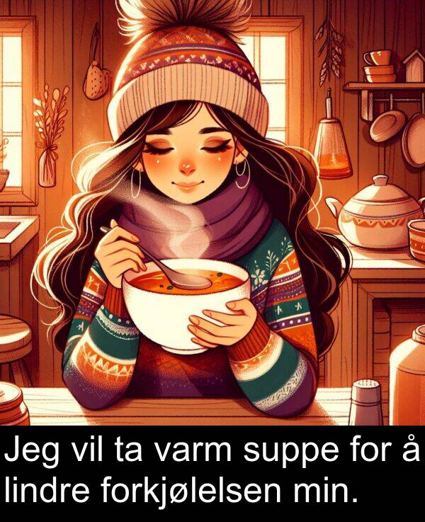 vil: Jeg vil ta varm suppe for å lindre forkjølelsen min.