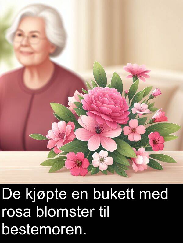 bestemoren: De kjøpte en bukett med rosa blomster til bestemoren.