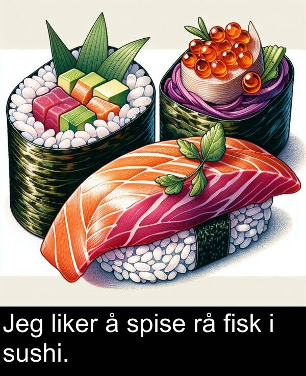 liker: Jeg liker å spise rå fisk i sushi.