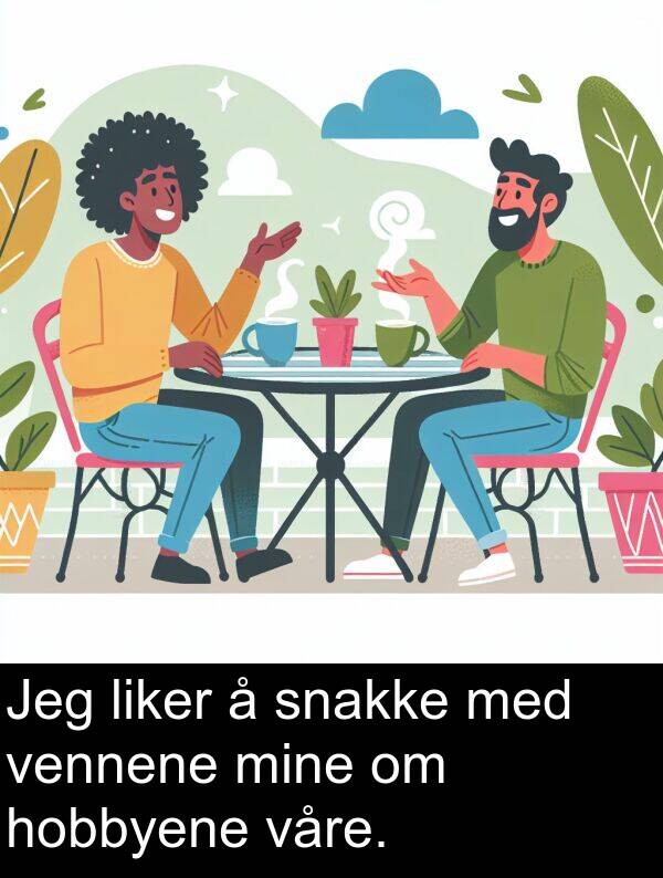 vennene: Jeg liker å snakke med vennene mine om hobbyene våre.