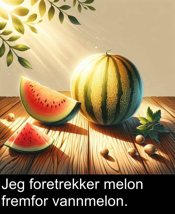 melon: Jeg foretrekker melon fremfor vannmelon.