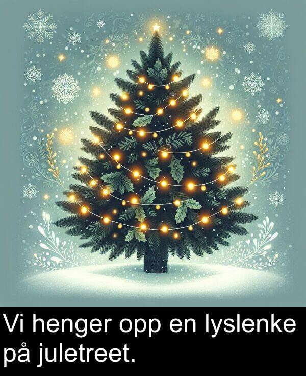 opp: Vi henger opp en lyslenke på juletreet.