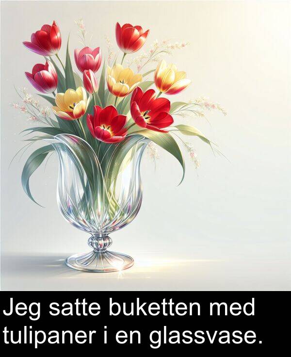 satte: Jeg satte buketten med tulipaner i en glassvase.