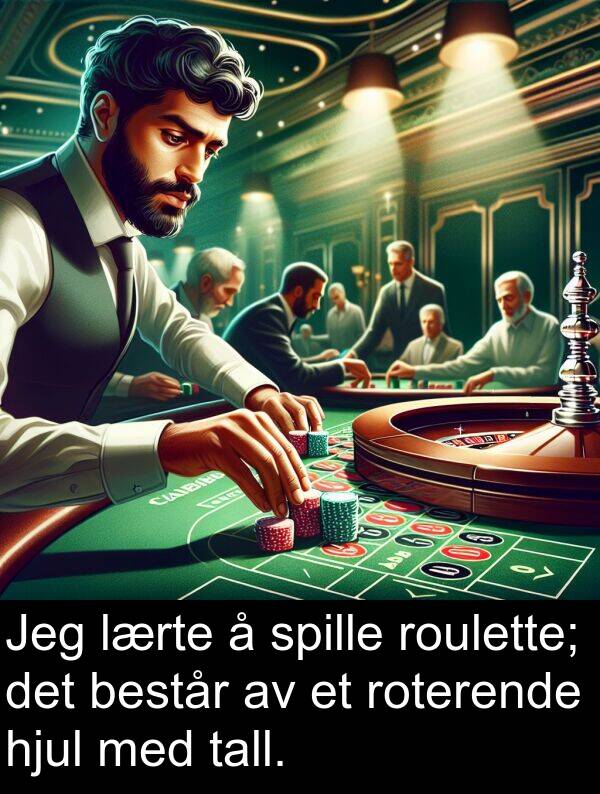 består: Jeg lærte å spille roulette; det består av et roterende hjul med tall.