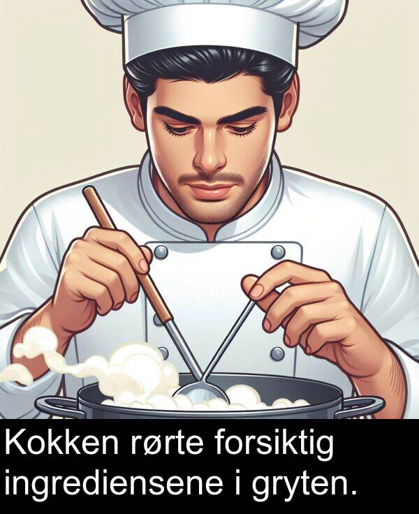 gryten: Kokken rørte forsiktig ingrediensene i gryten.