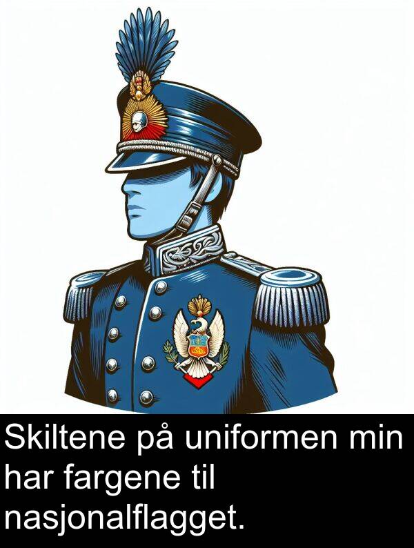 nasjonalflagget: Skiltene på uniformen min har fargene til nasjonalflagget.